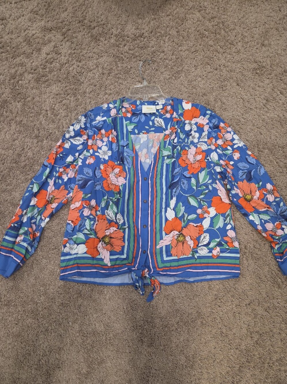 ANTHROPOLOGIE MAEVE Elan Scarf Print Blue Floral Tie-Front Blouse Size 14 - Picture 7 of 13